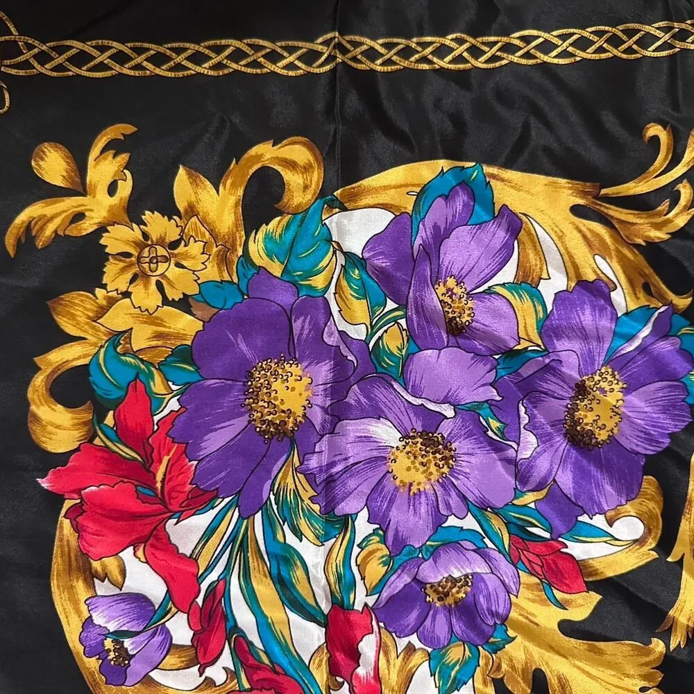 100% Silk Vintage Floral Semi Sheer Scarf Floral Baroque Neoclassical Print 31